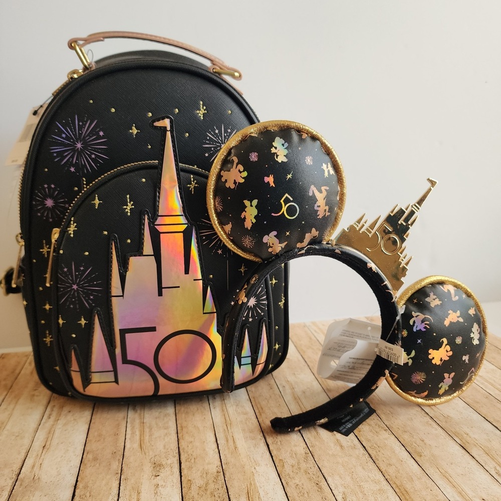 2023 DISNEY PARKS GRAND FINALE 50TH BLACK GOLD CASTLE LOUNGEFLY BACKPACK AND EAR